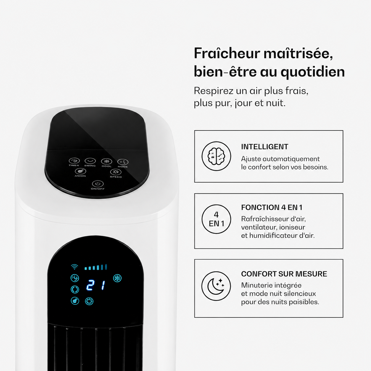 Ventilateur Silencieux Colonne Sans Pales avec Rafraîchisseur d’Air, Télécommande et Mode Nuit