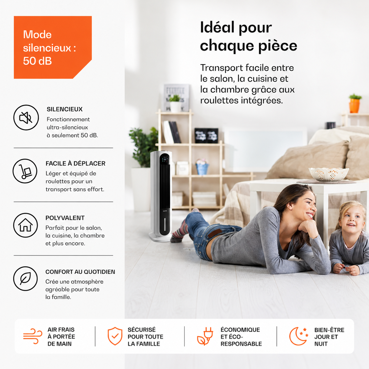 Ventilateur Silencieux Colonne Sans Pales avec Rafraîchisseur d’Air, Télécommande et Mode Nuit