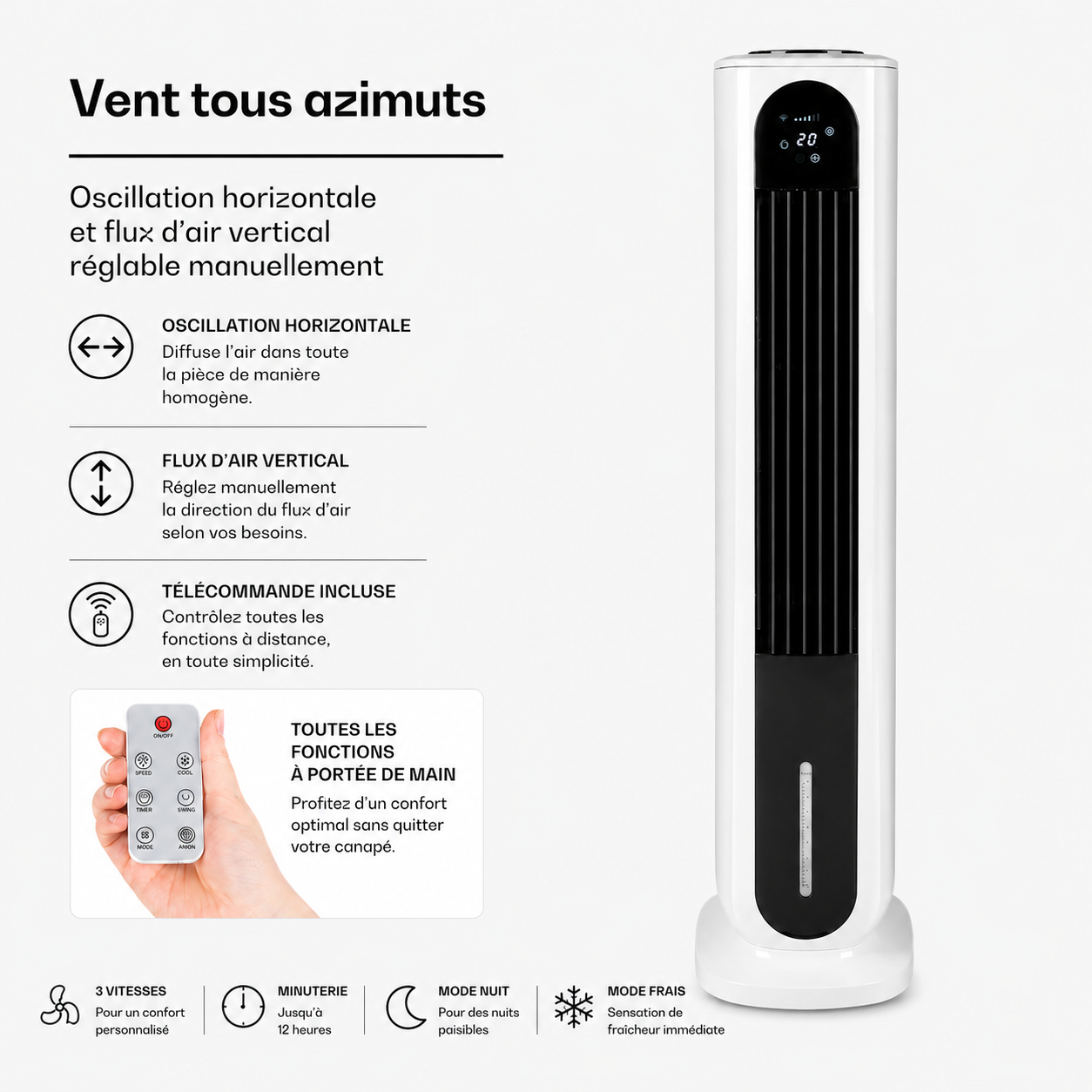 Ventilateur Silencieux Colonne Sans Pales avec Rafraîchisseur d’Air, Télécommande et Mode Nuit